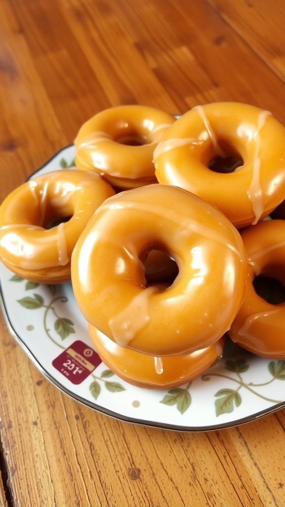 Classic Glazed Donut Recipe A plate of classic glazed donuts, golden brown with a shiny glaze, on a rustic wooden table.